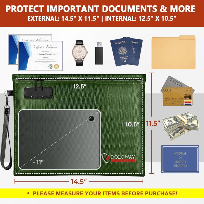 ROLOWAY Fireproof Document Bag (14.5 x 11.5 inch), 6400℉ Fireproof Money Bag with Zipper for Cash, Fire Safe Money Pouch with Lock (Green) - Image 2